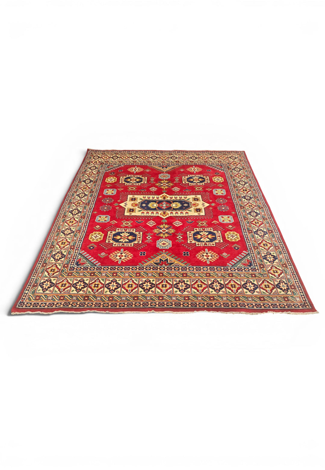 Red &amp; Ivory Kazak Medallion Rug, Hand-Knotted Afghani Sherwan