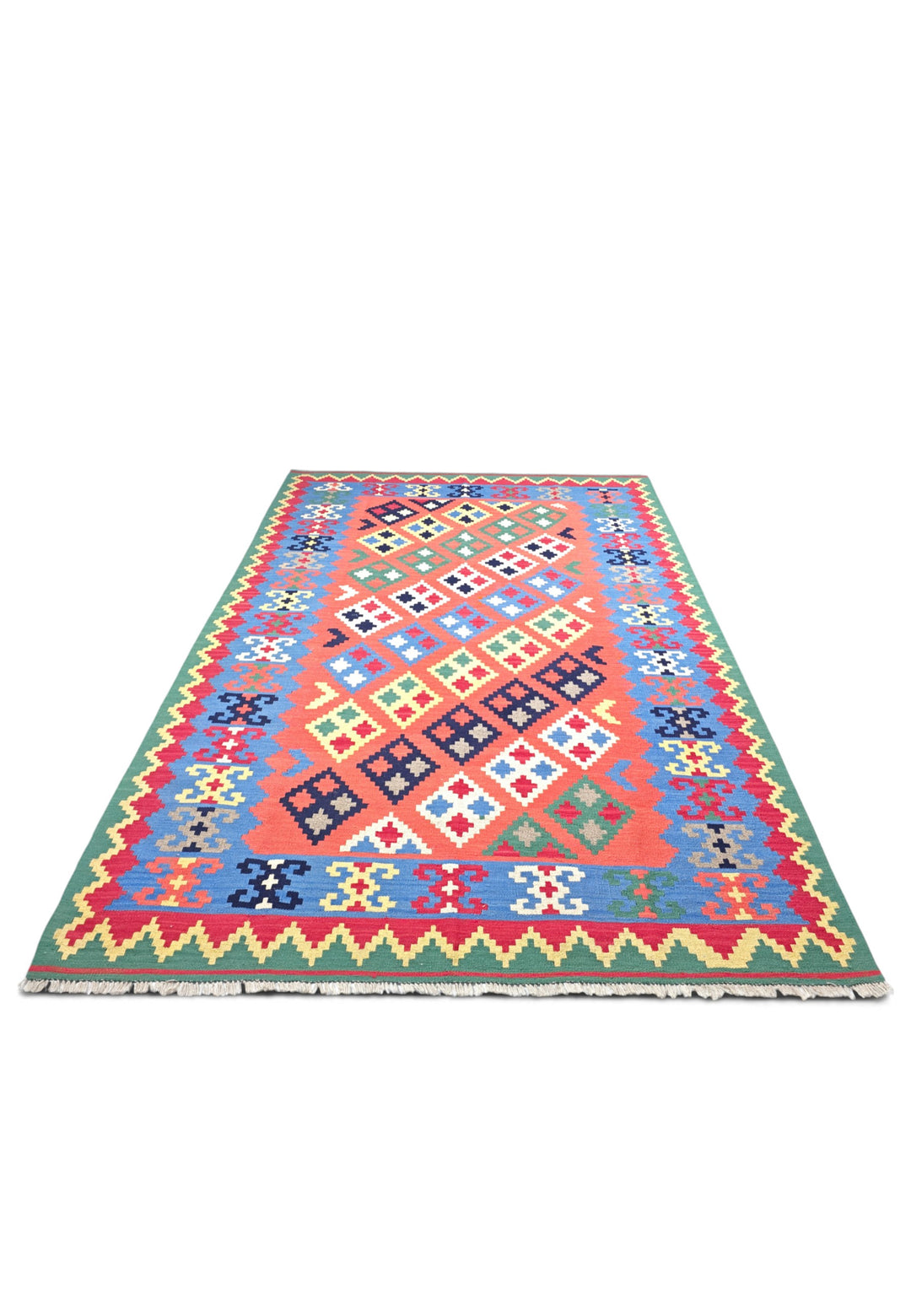 Coral and Green Qashqai Diamond Kilim, Hand-Woven Wool