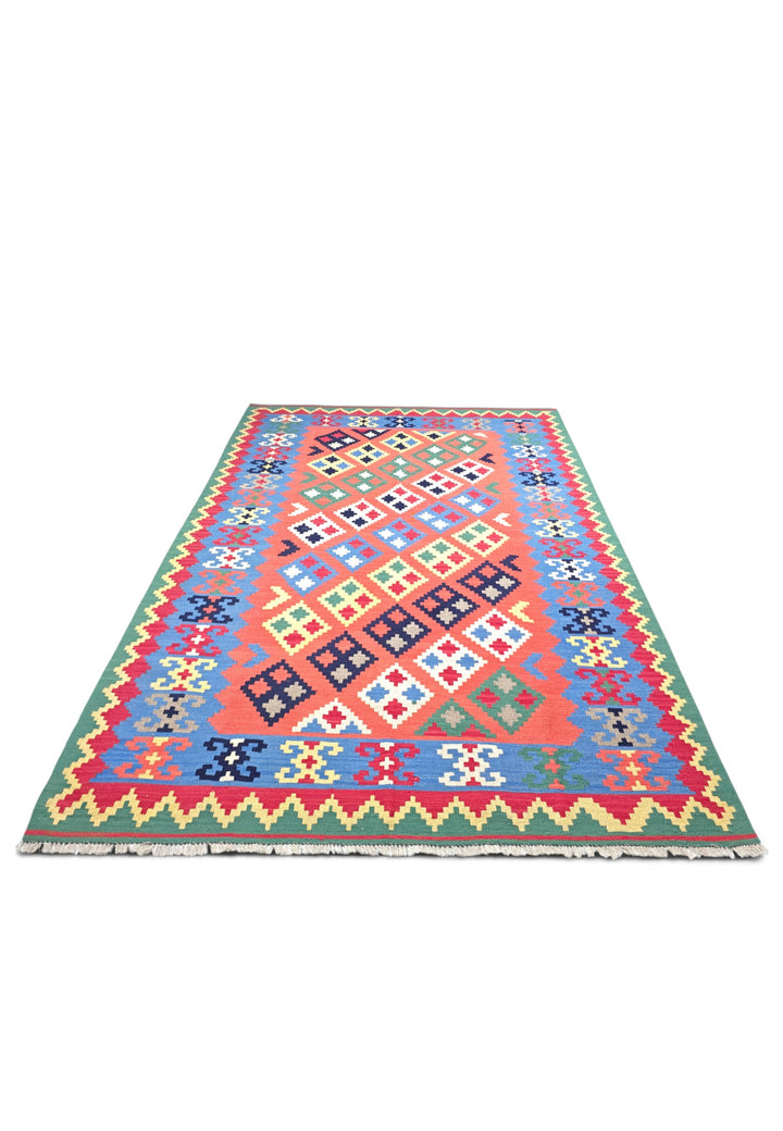 Coral and Green Qashqai Diamond Kilim, Hand-Woven Wool