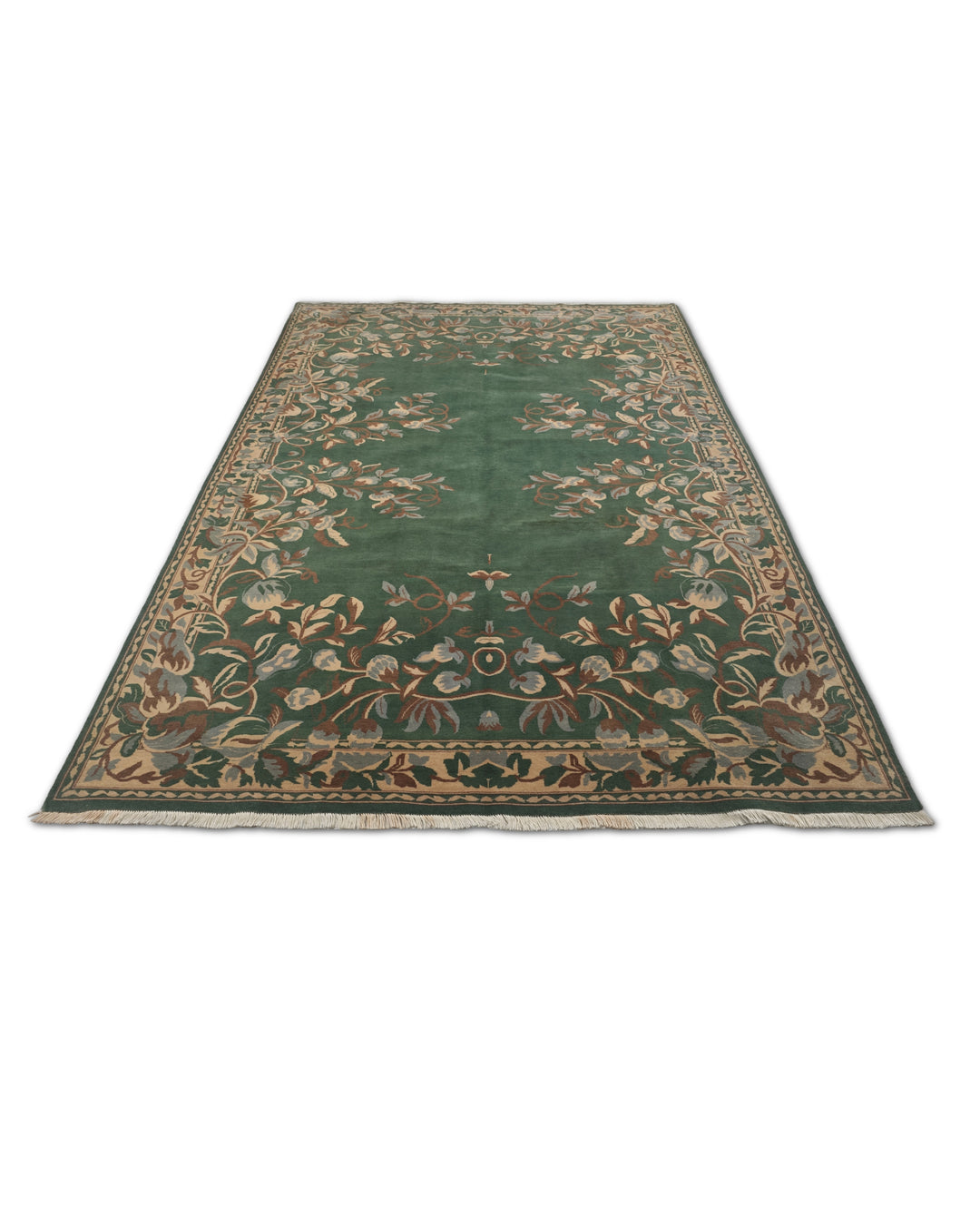 Green and Camel Gol Farang Floral, Hand-Knotted Wool Rug
