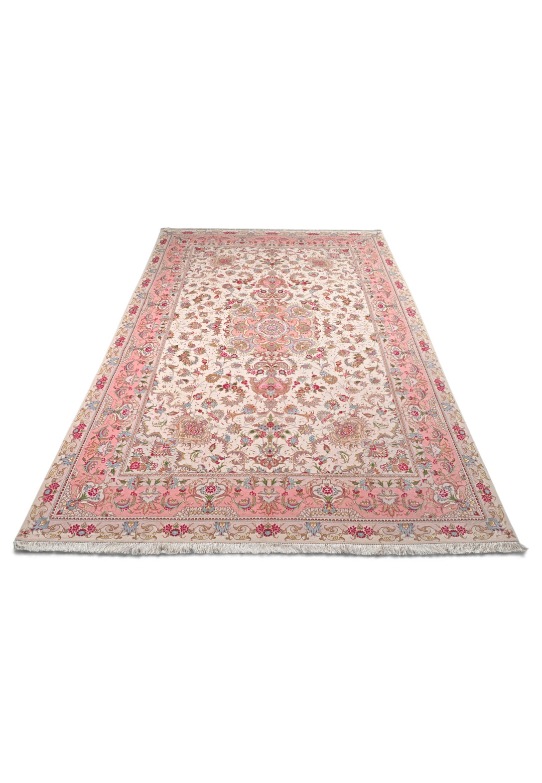 Cream and Rose Pink Medallion Tabriz, Hand-Knotted Wool Rug