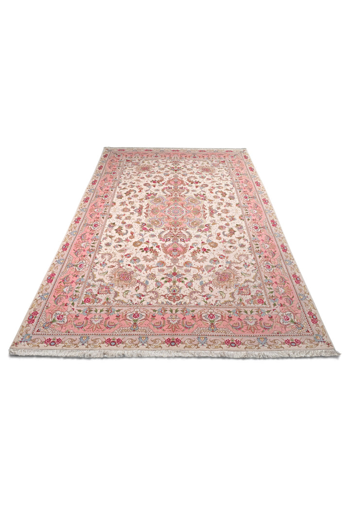 Cream and Rose Pink Medallion Tabriz, Hand-Knotted Wool Rug