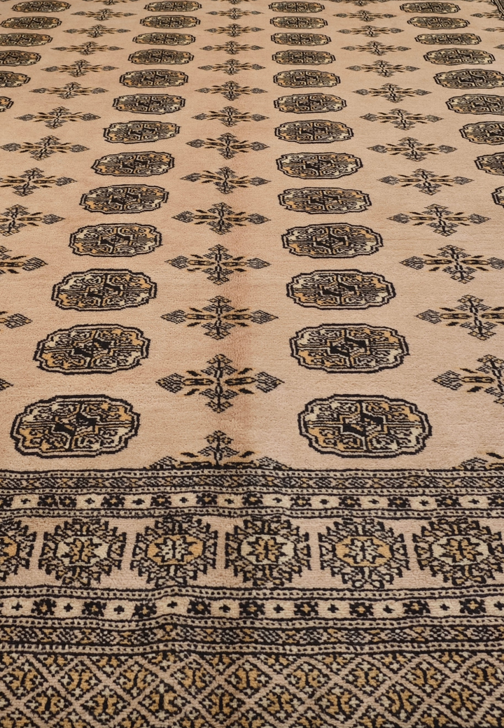Camel Beige &amp; Charcoal Turkmen Gül Bokhara Rug, Hand-Knotted Pakistani Wool