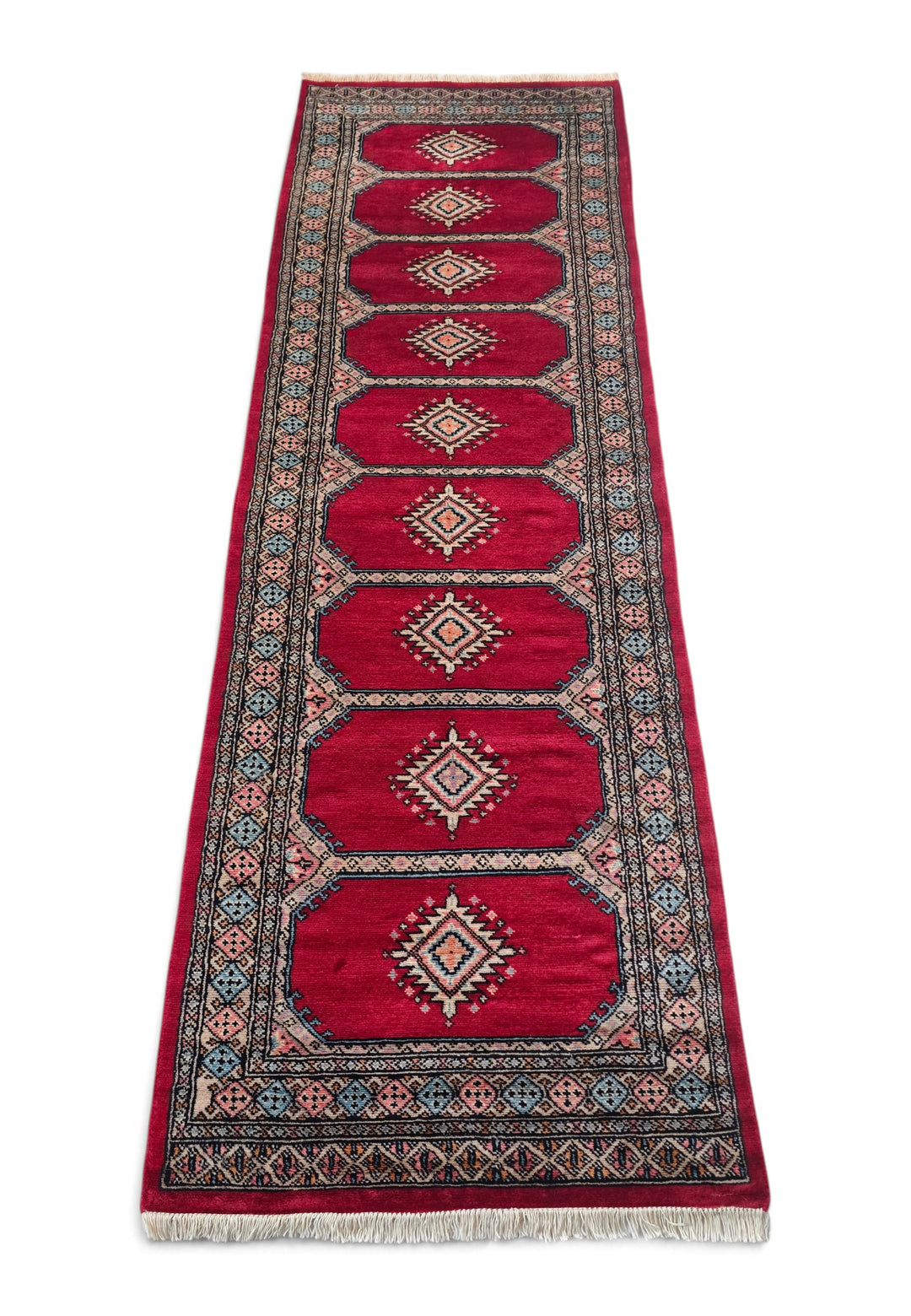 Crimson and Salmon Compartment Panel, Hand-Knotted Wool Rug