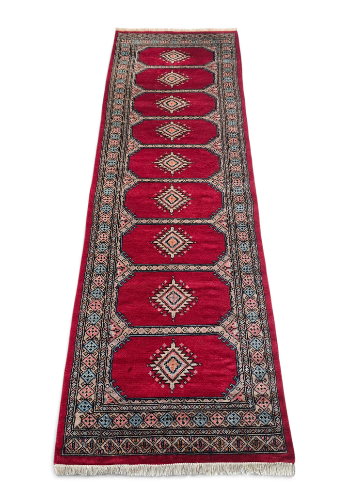 Crimson and Salmon Compartment Panel, Hand-Knotted Wool Rug