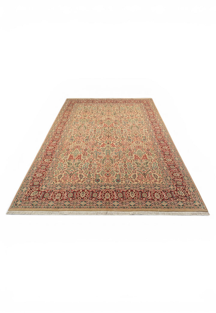 Cream and Red Floral, Hand-Knotted Pakistani Wool Rug