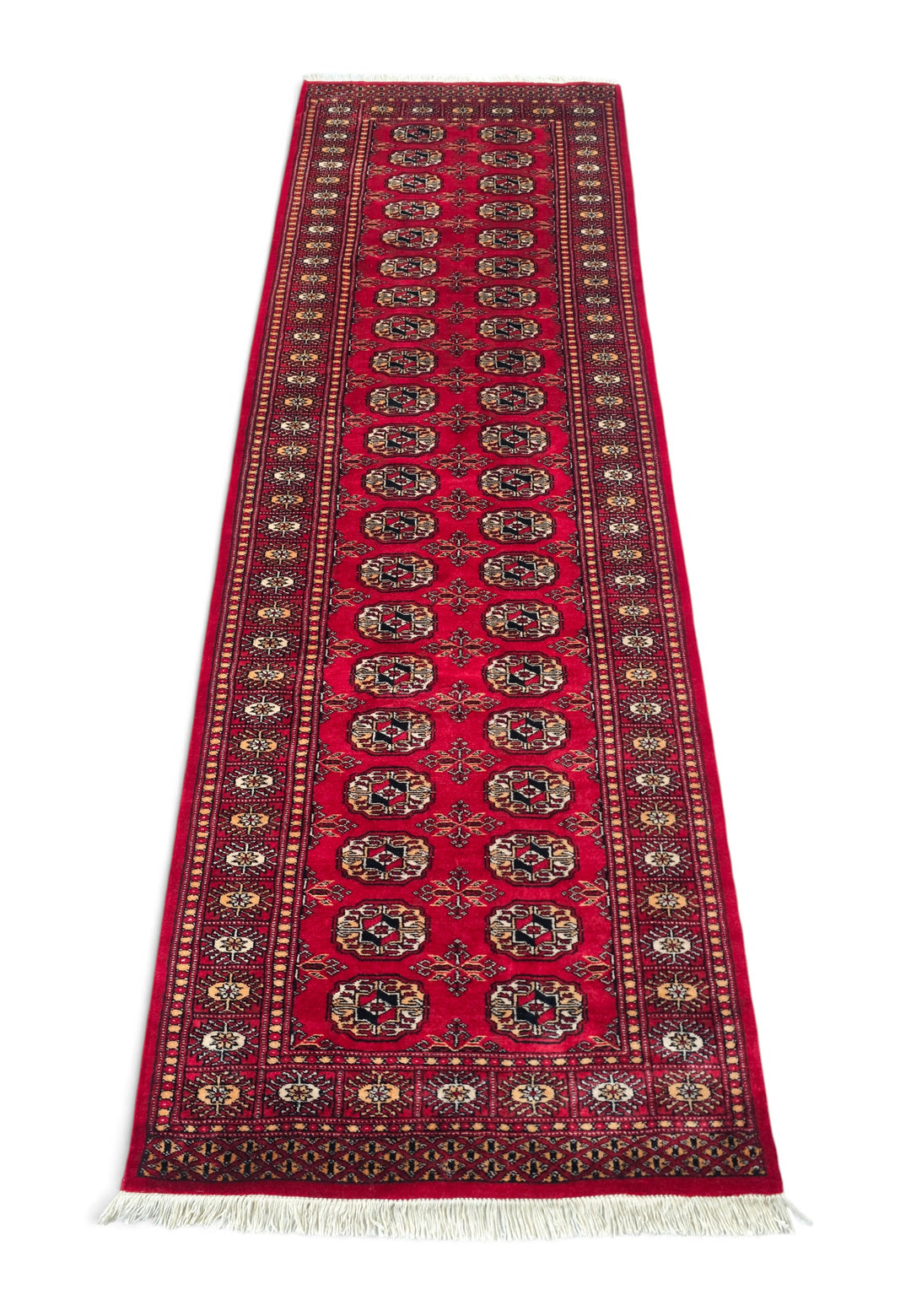 Bright Red and Gold Turkmen Gül Bokhara, Hand-Knotted Wool Rug