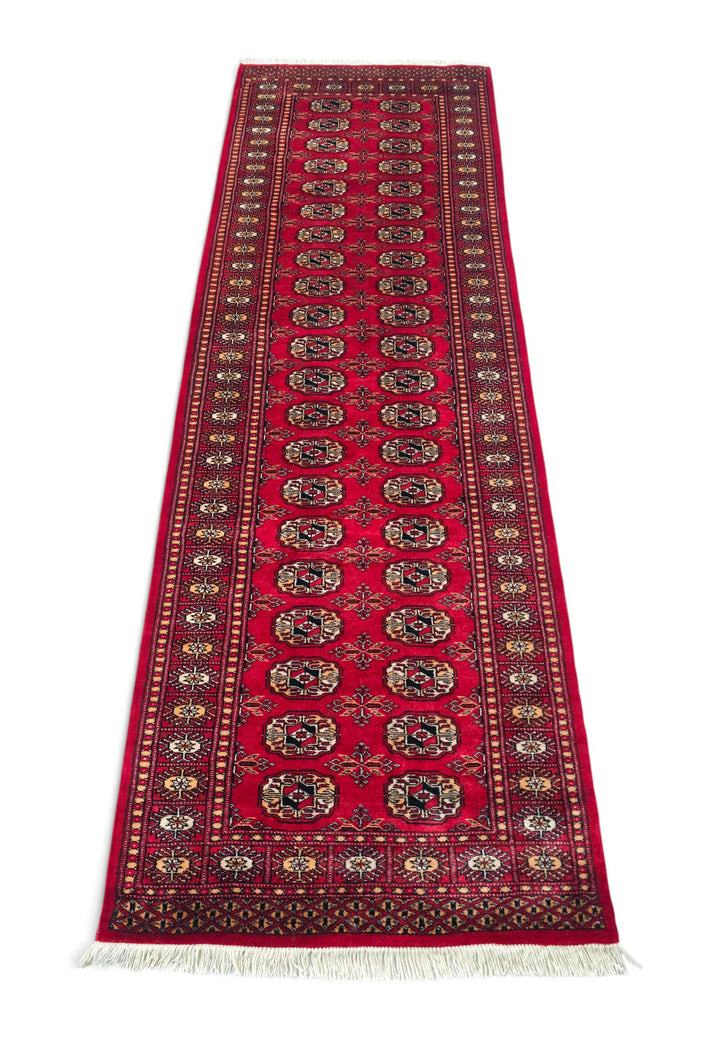 Bright Red and Gold Turkmen Gül Bokhara, Hand-Knotted Wool Rug