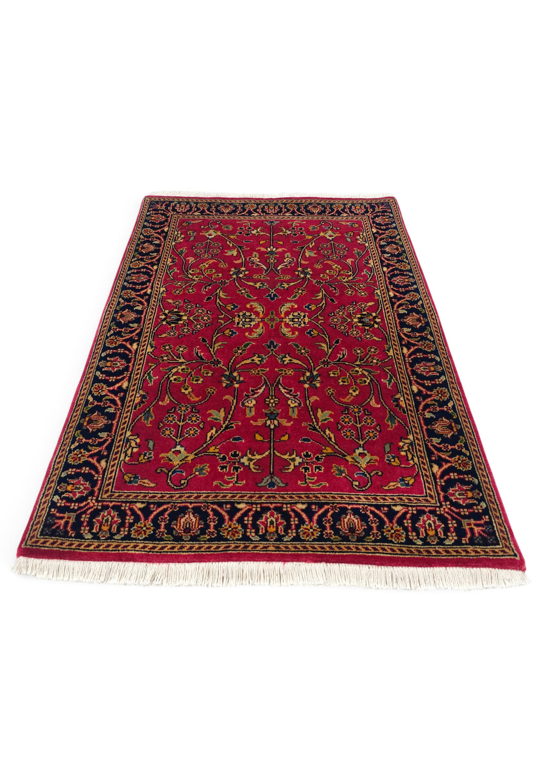 Crimson and Indigo Sarouk Floral, Hand-Knotted Wool Rug