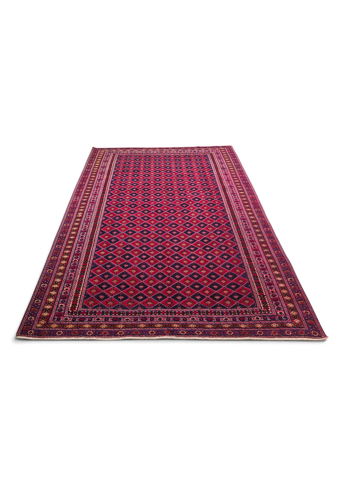 Crimson and Navy Diamond Lattice Kilim, Hand-Woven Wool