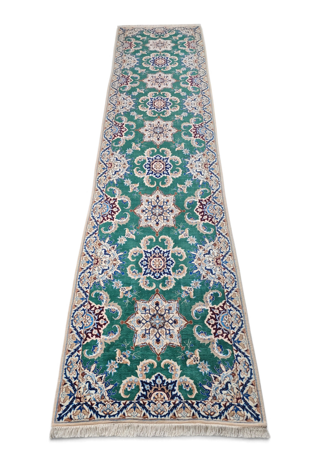 Teal and Ivory Star Medallion Nain, Hand-Knotted Wool Rug