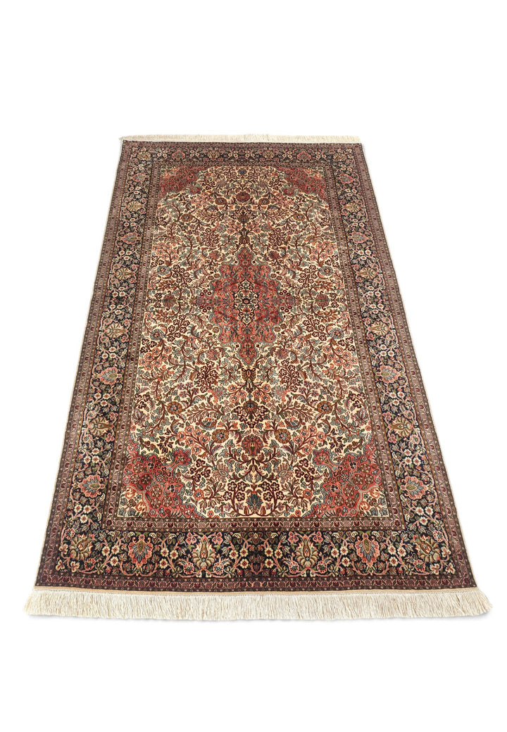 Ivory and Rust Floral Medallion, Hand-Knotted Silk Rug