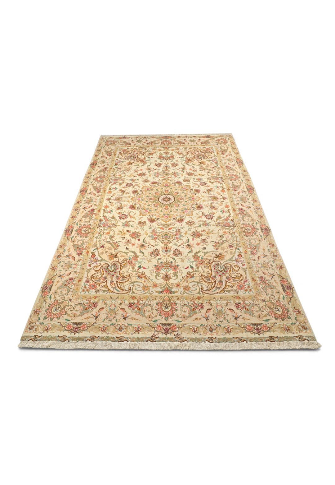 Cream and Gold Radiating Medallion Tabriz, Hand-Knotted Wool Rug