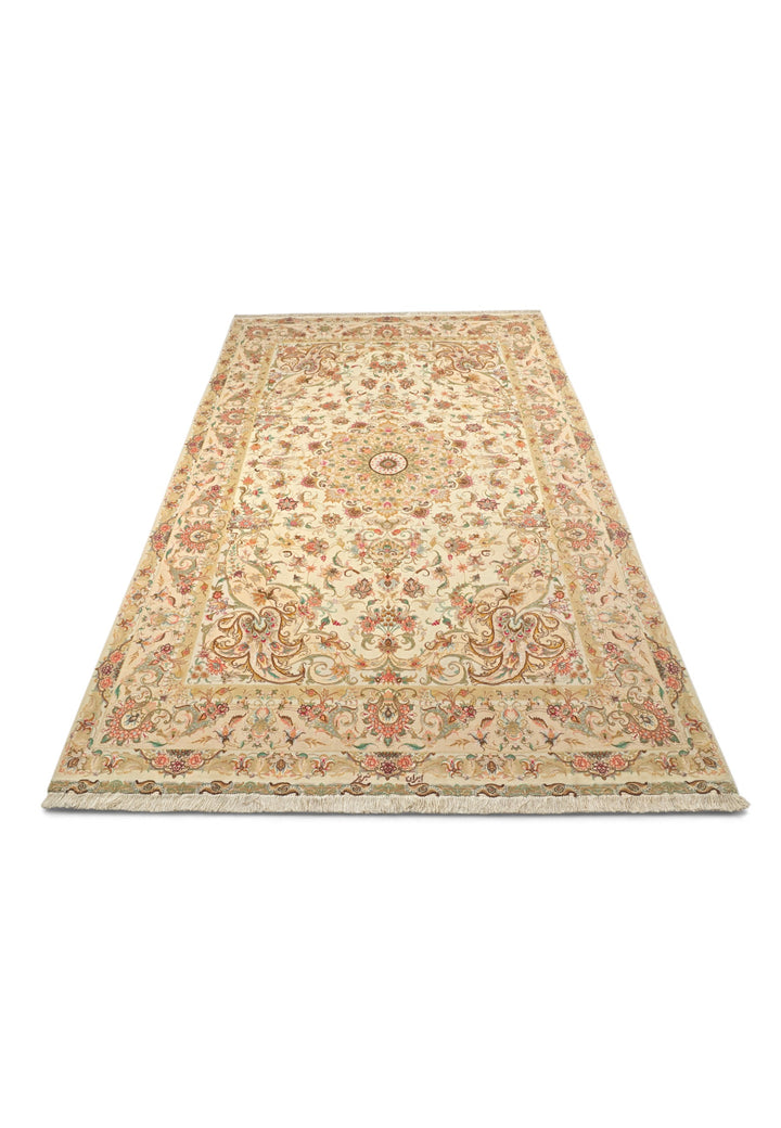 Cream and Gold Radiating Medallion Tabriz, Hand-Knotted Wool Rug