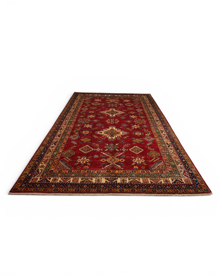 Red &amp; Gold Tribal Kazak Rug, Hand-Knotted Afghan Wool