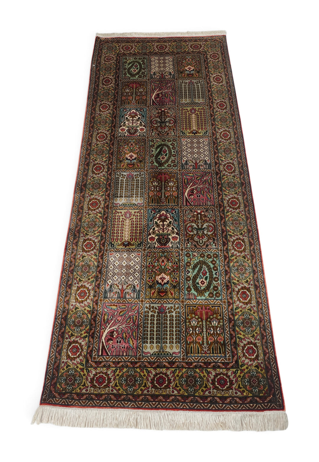Taupe and Cream Khesti Garden Panel, Hand-Knotted Silk Rug