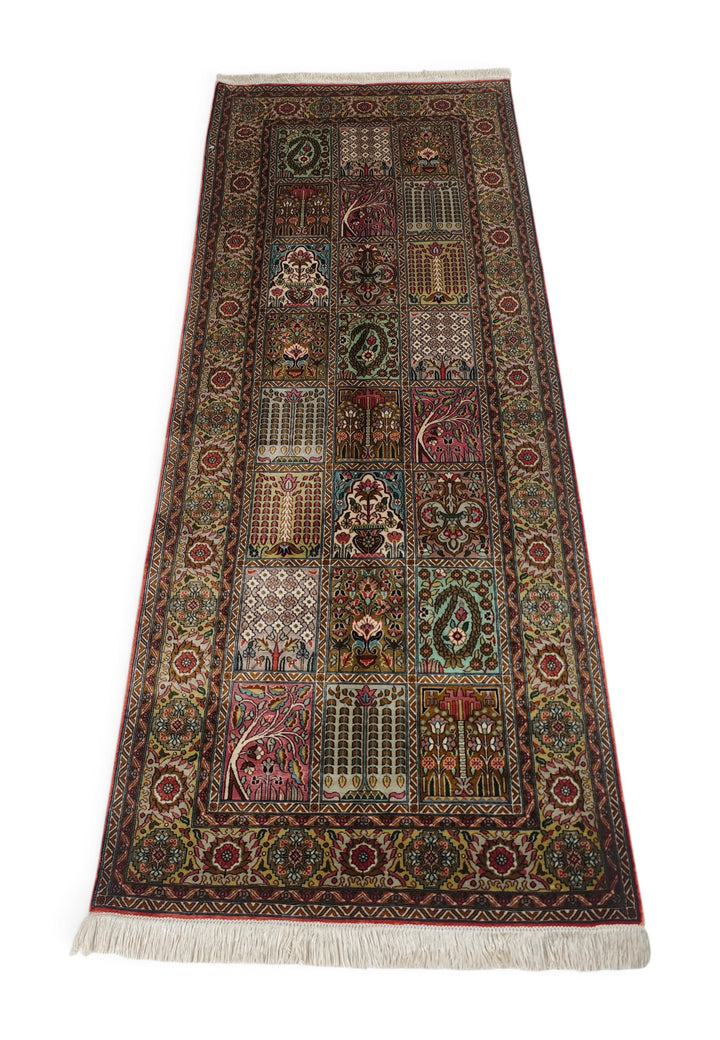 Taupe and Cream Khesti Garden Panel, Hand-Knotted Silk Rug