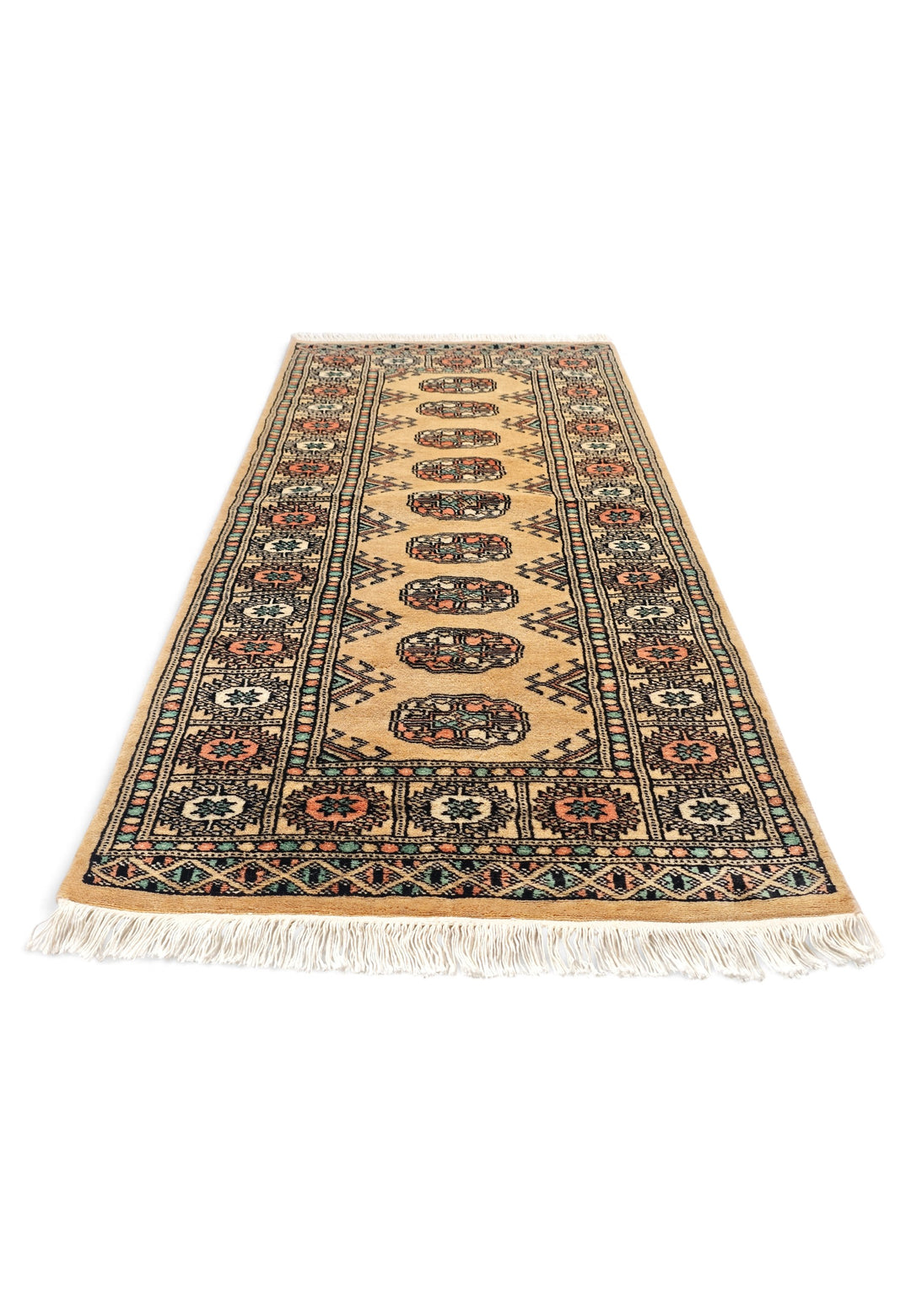 Gold and Peach Turkmen Gül Bokhara, Hand-Knotted Wool Rug