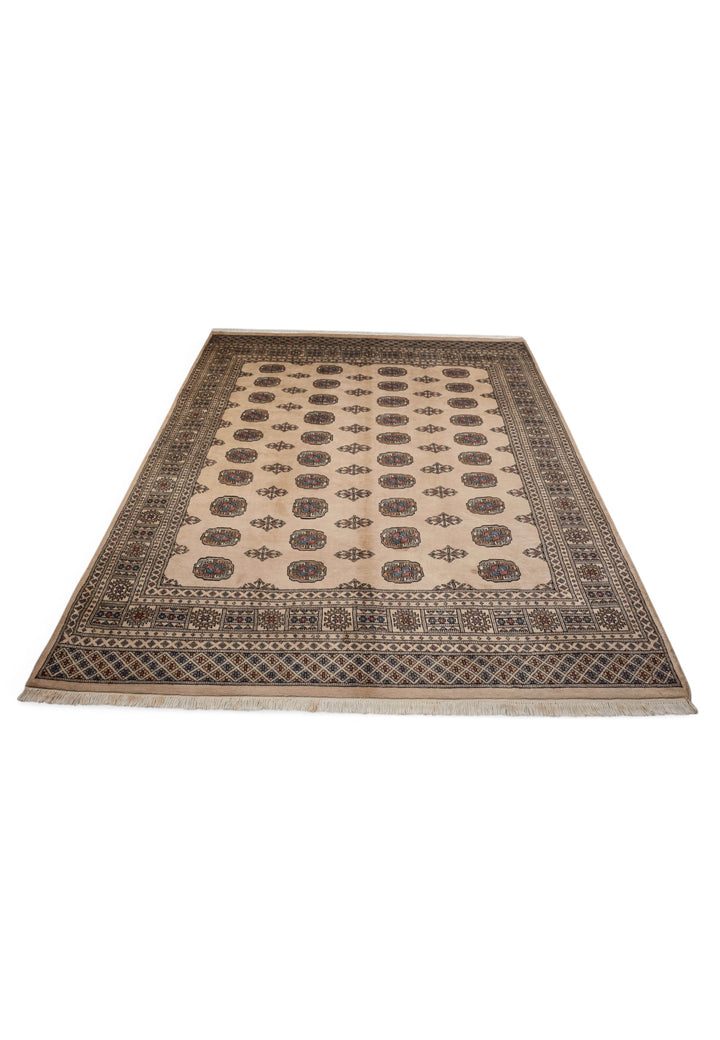 Sand Beige Turkmen Gül Bokhara, Hand-Knotted Wool Rug