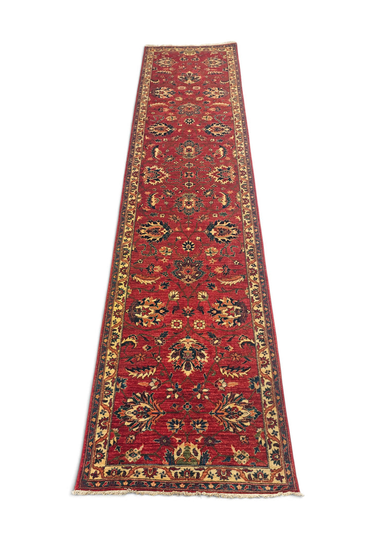 Red and Gold Palmette Qadeem Chobi, Hand-Knotted Wool Rug