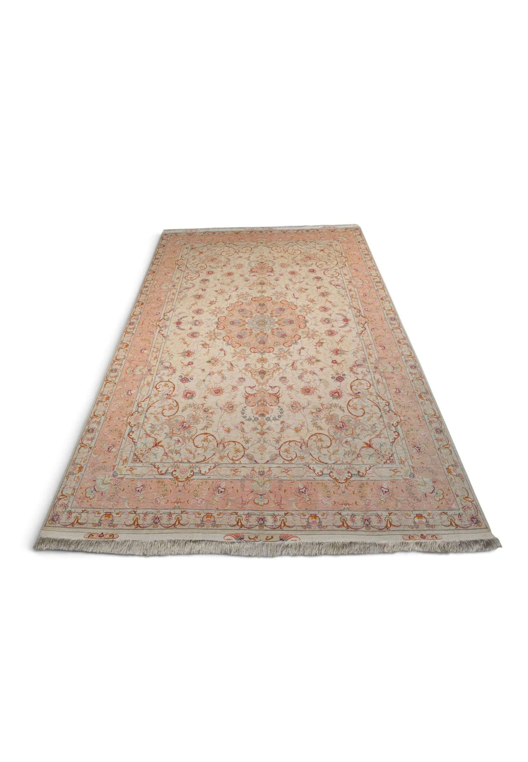 Ivory and Peach Scrolling Leaf Medallion Tabriz, Hand-Knotted Wool Rug
