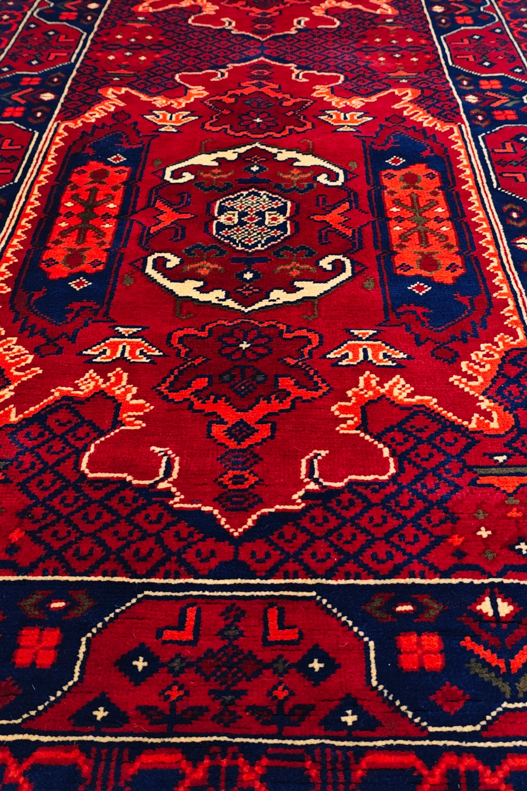 Crimson and Navy Khan Muhammadi Rug, Hand-Knotted Wool