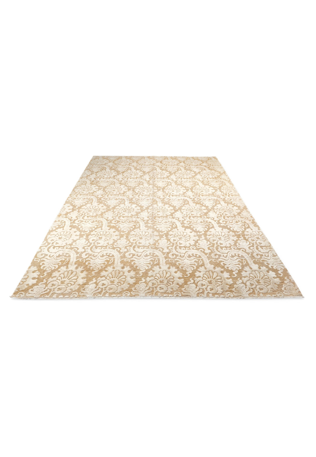 Ivory and Camel Damask Ghazni, Hand-Knotted Wool and Silk Rug
