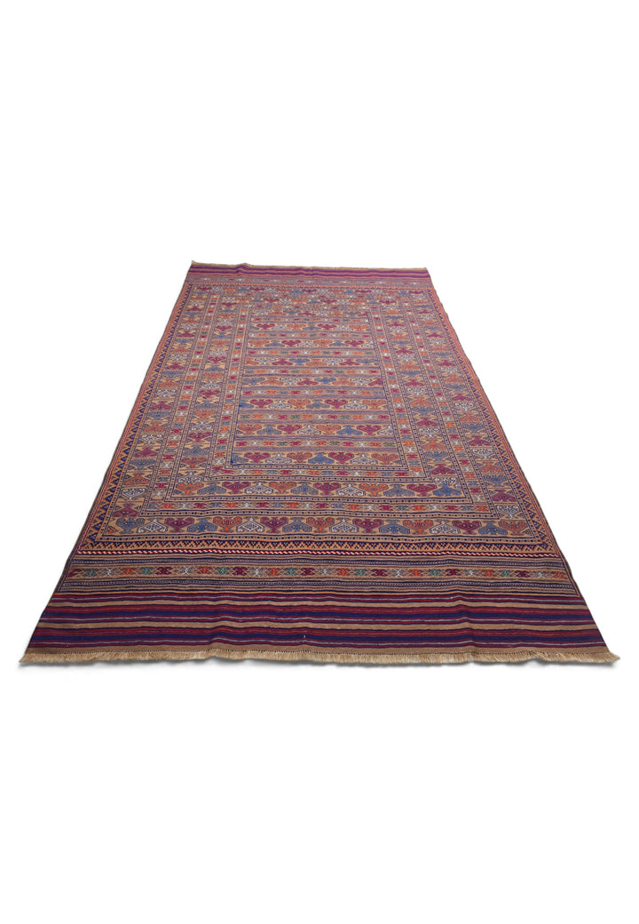 Camel and Burgundy Banded Kilim, Hand-Woven Wool