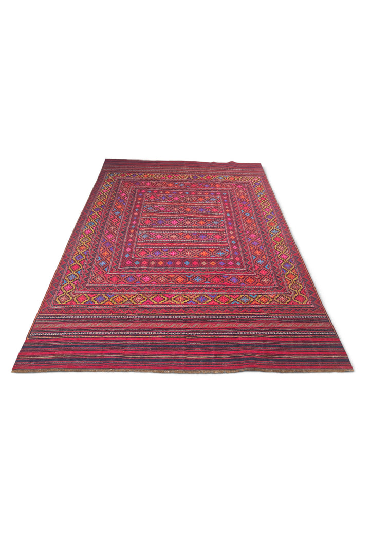Rose Red and Gold Banded Kilim, Hand-Woven Wool
