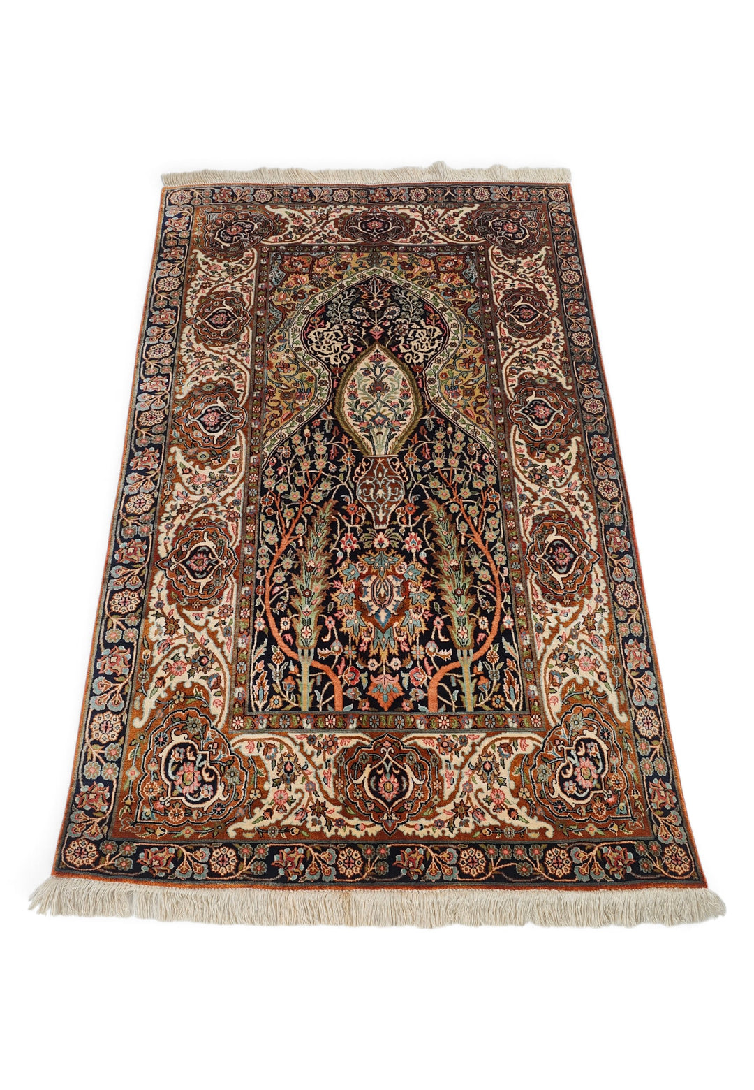 Black and Beige Mihrab Prayer Design, Hand-Knotted Silk Rug