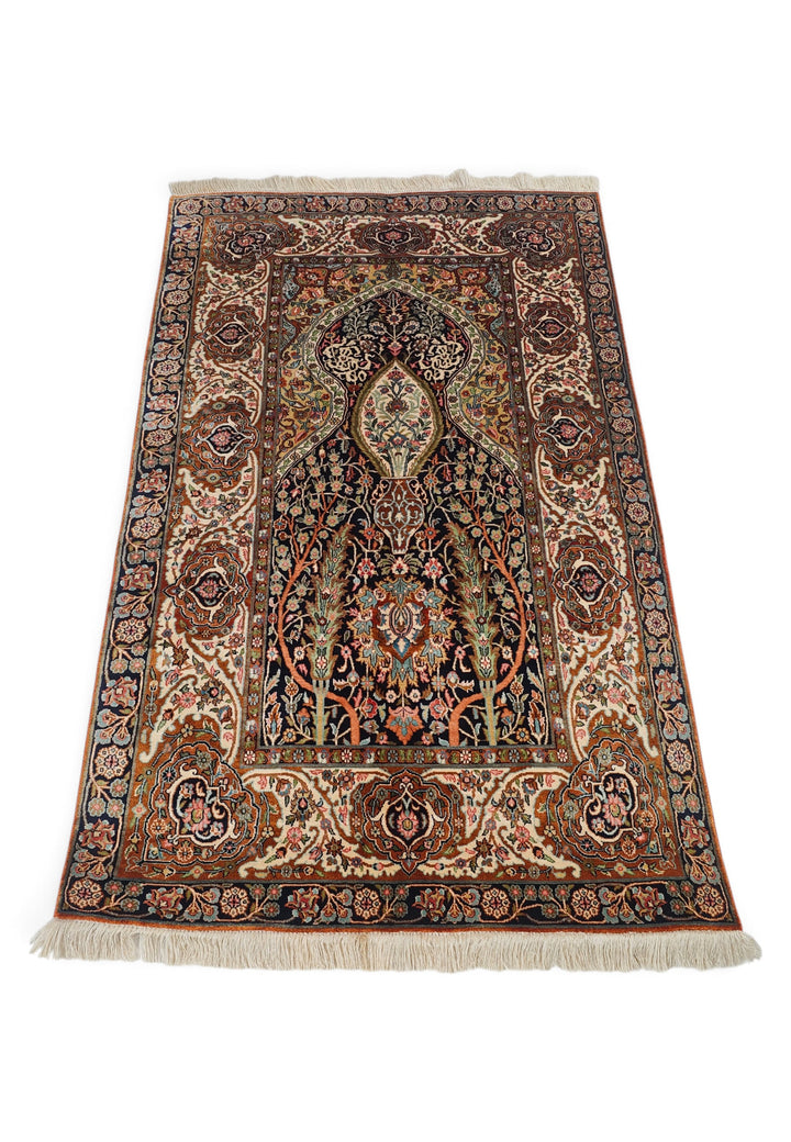 Black and Beige Mihrab Prayer Design, Hand-Knotted Silk Rug