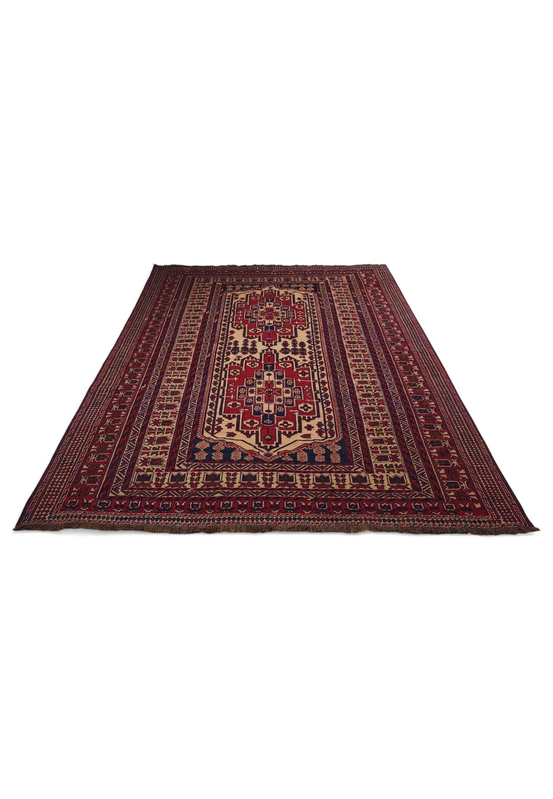 Deep Red and Camel Stepped Turkmen Medallion Kilim, Hand-Woven Wool