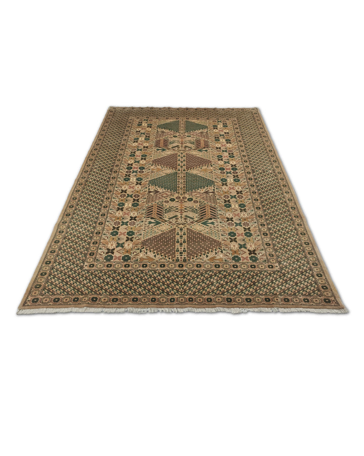 Camel and Green Turkmen Gül, Hand-Knotted Wool Rug