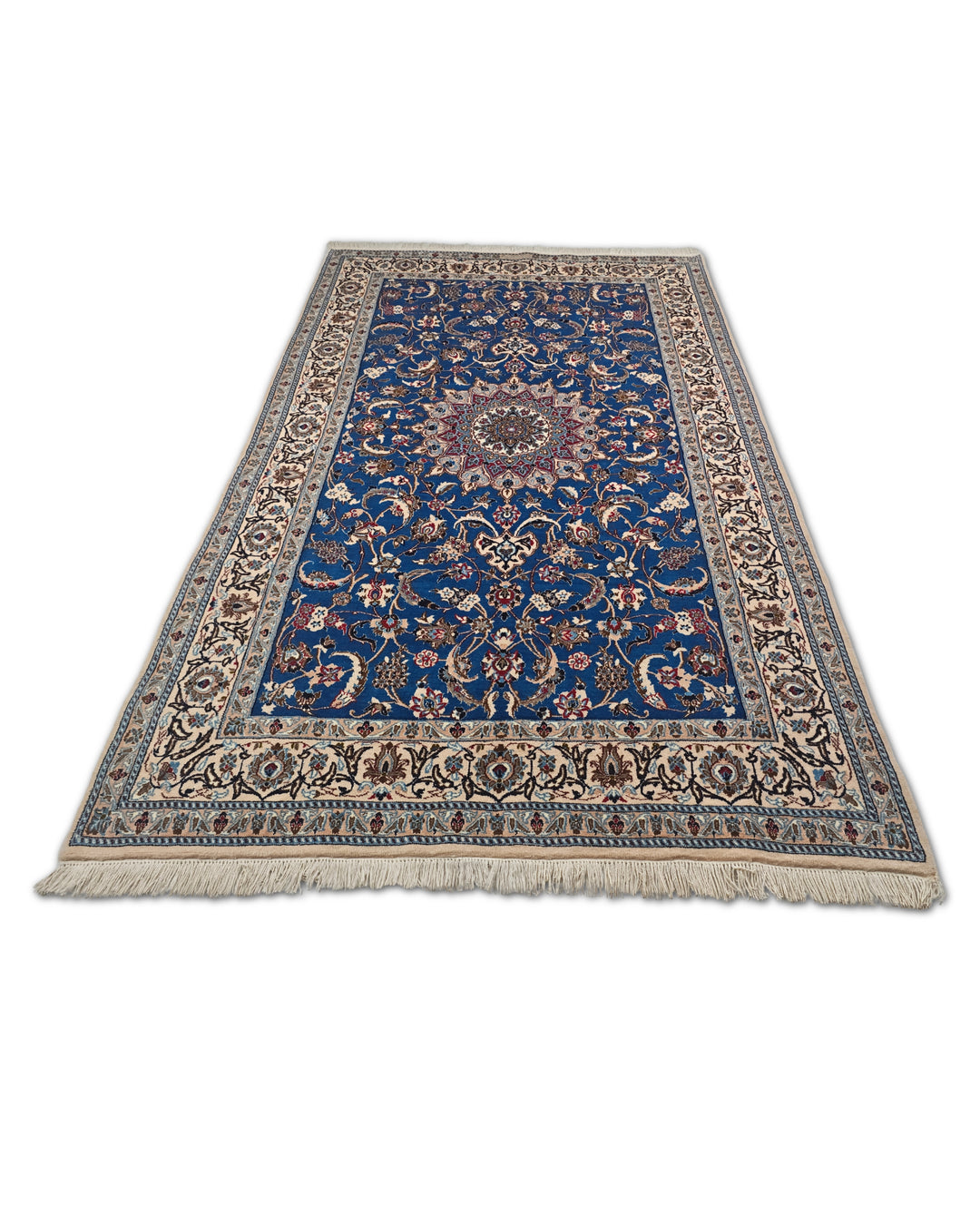 Cobalt Blue and Ivory Medallion Nain, Hand-Knotted Wool Rug