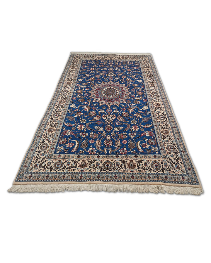 Cobalt Blue and Ivory Medallion Nain, Hand-Knotted Wool Rug