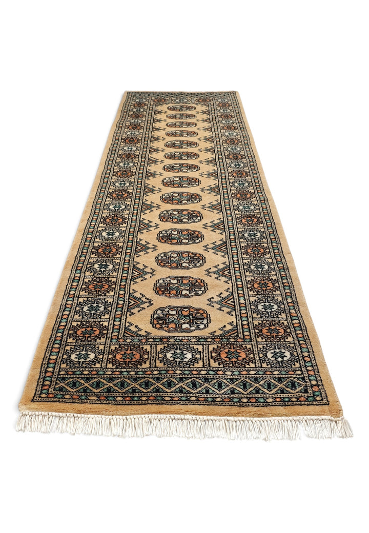 Camel and Sea Green Turkmen Gül Bokhara, Hand-Knotted Wool Rug