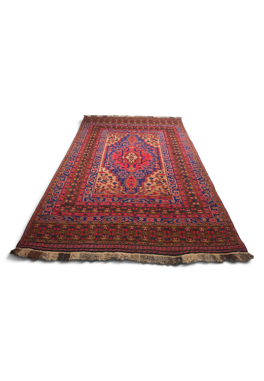 Scarlet and Cobalt Medallion Kilim, Hand-Woven Wool