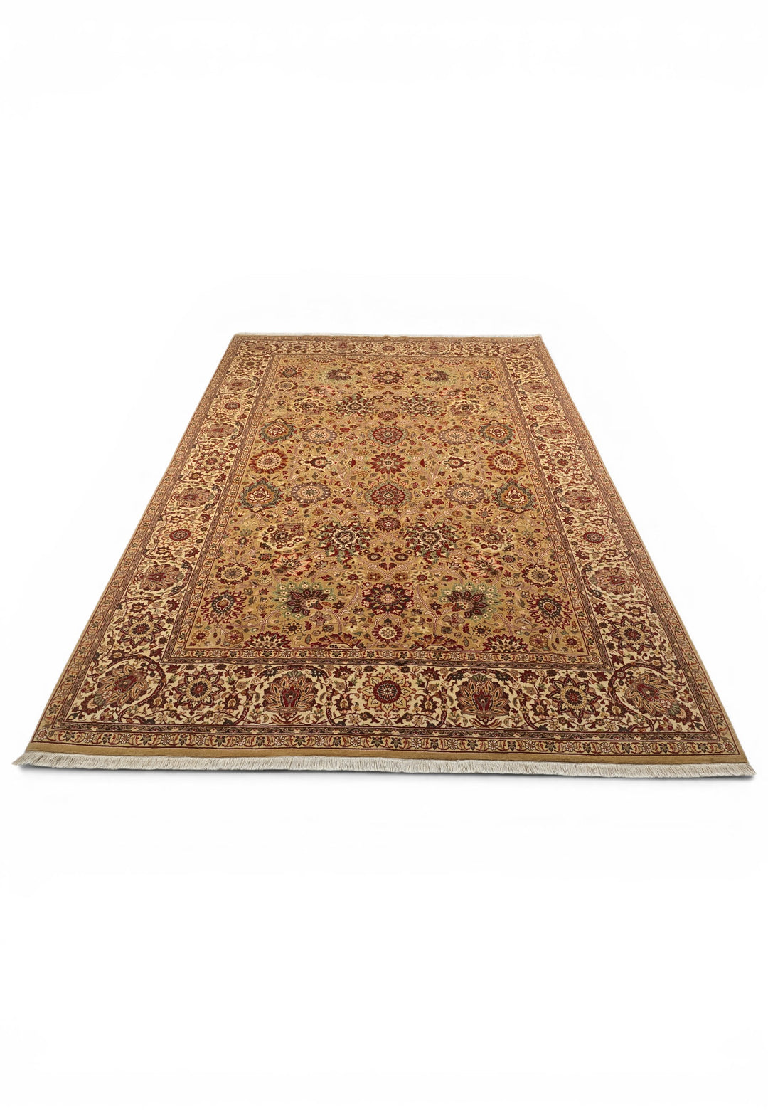 Gold and Ivory Tabriz Floral, Hand-Knotted Pakistani Wool Rug