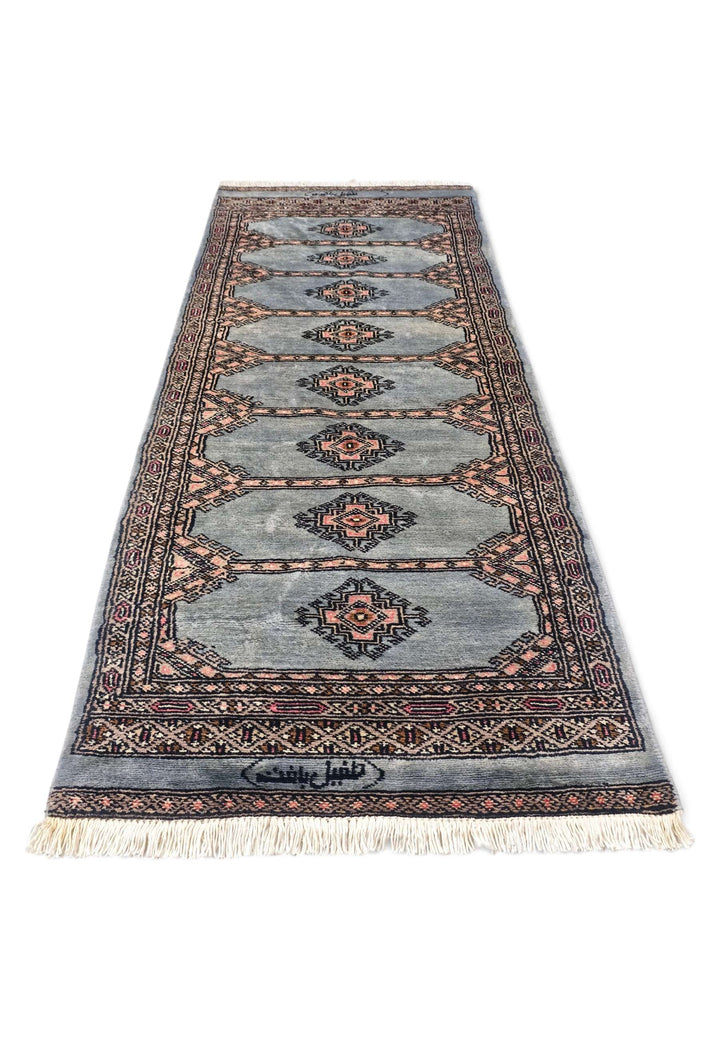 Dusty Blue and Peach Jaldar Diamond Medallion, Hand-Knotted Wool Rug