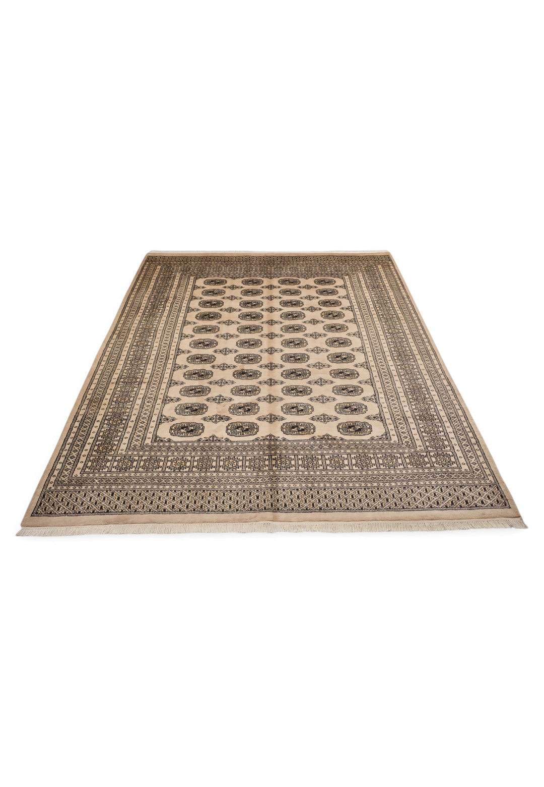 Cream and Walnut Turkmen Gül Bokhara, Hand-Knotted Wool Rug