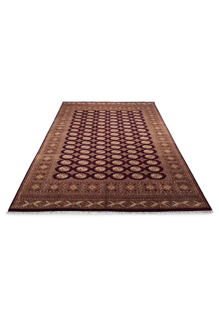 Aubergine and Tan Bokhara, Hand-Knotted Wool Rug