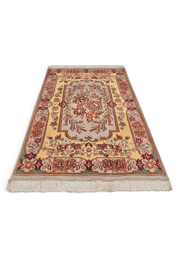 Butter Gold and Warm Grey French Floral Panel, Hand-Knotted Wool Rug