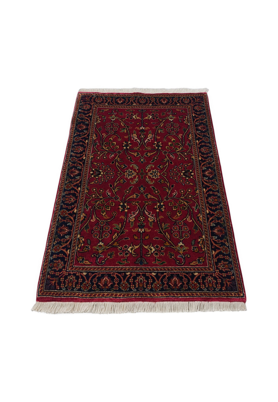 Oxblood and Navy Hereke Floral, Hand-Knotted Wool Rug