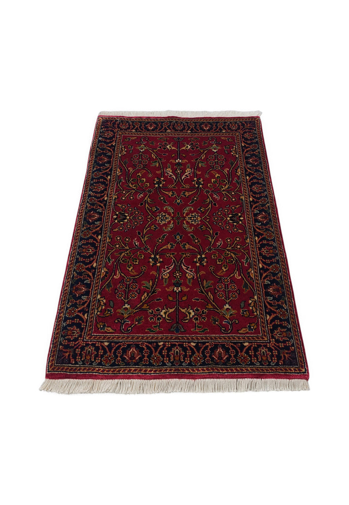Oxblood and Navy Hereke Floral, Hand-Knotted Wool Rug