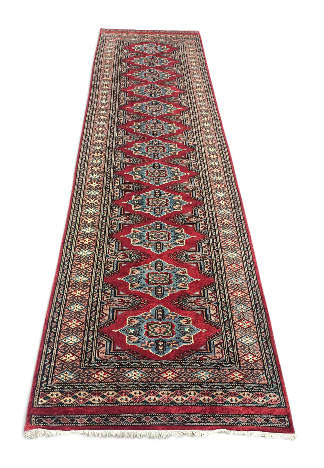 Crimson and Sea Green Jaldar Lozenge, Hand-Knotted Wool Rug