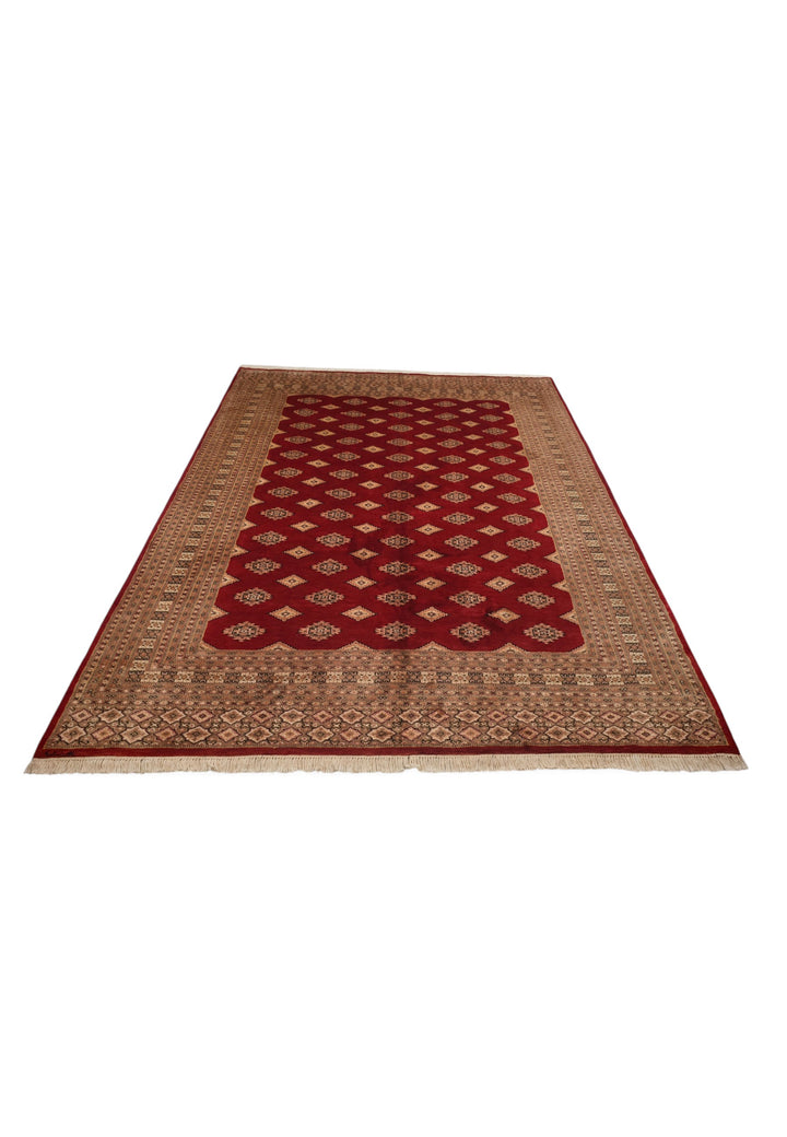 Oxblood and Tan Jaldar Alternating Diamond, Hand-Knotted Wool and Silk Rug