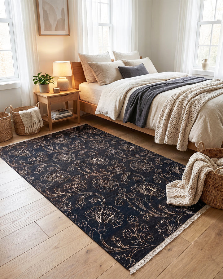 Midnight Floral Gabbeh, Hand-Knotted Afghan Wool Rug