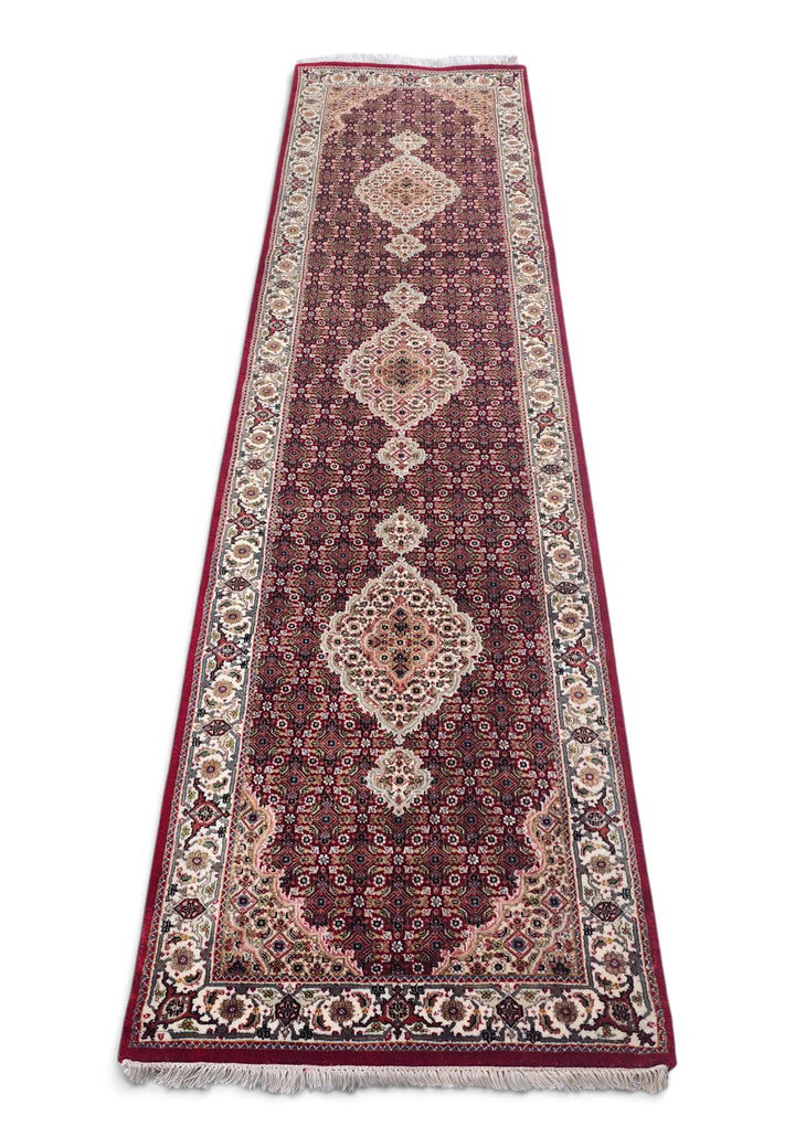 Deep Red and Ivory Mahi Medallion Tabriz, Hand-Knotted Wool Rug