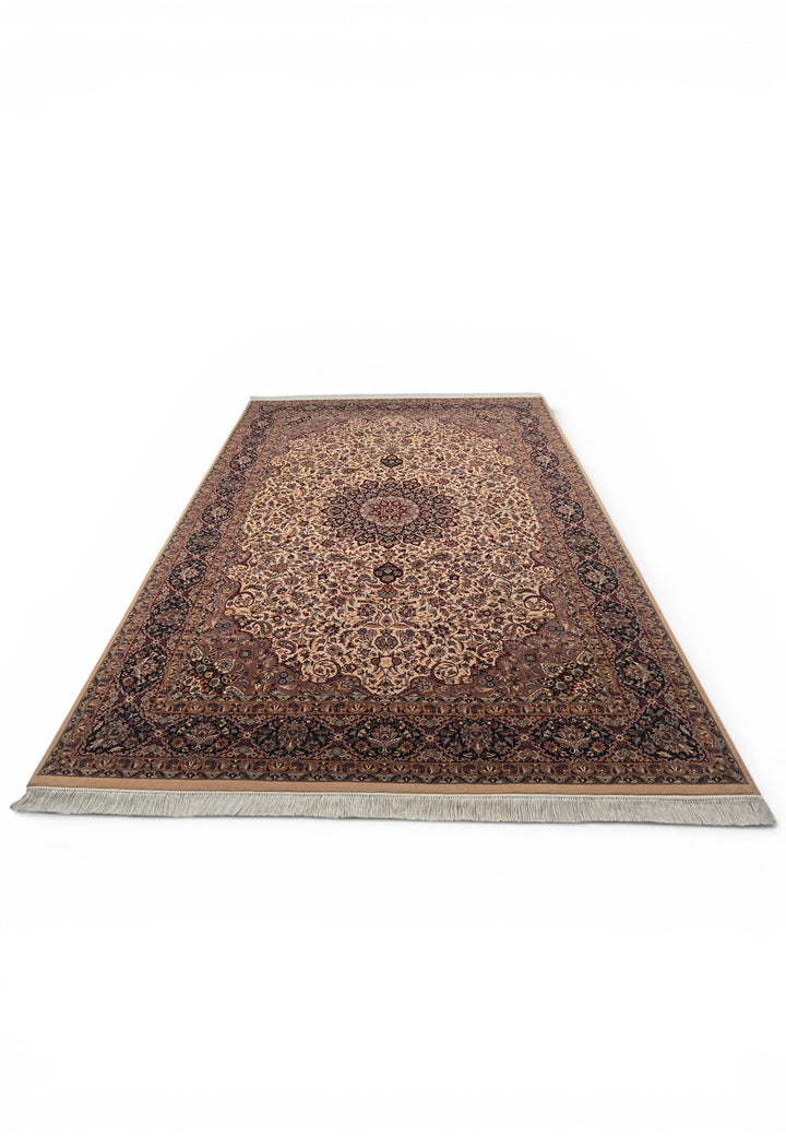 Ivory and Navy Floral Medallion, Hand-Knotted Wool and Silk Rug