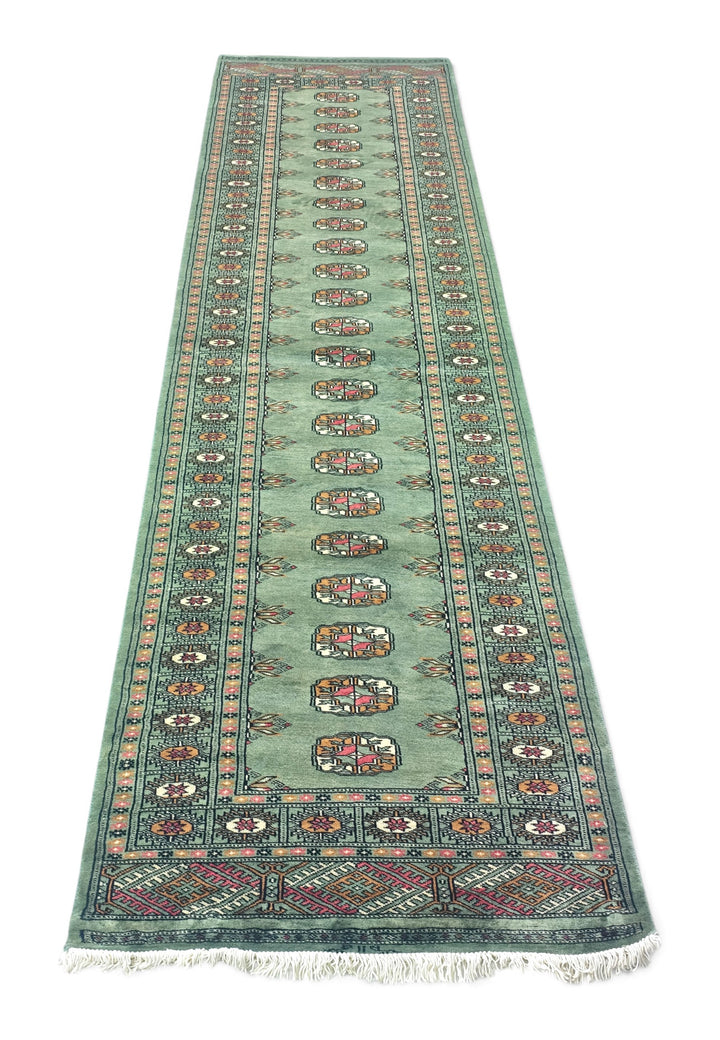Sage and Gold Single Column Gül Bokhara, Hand-Knotted Wool Rug